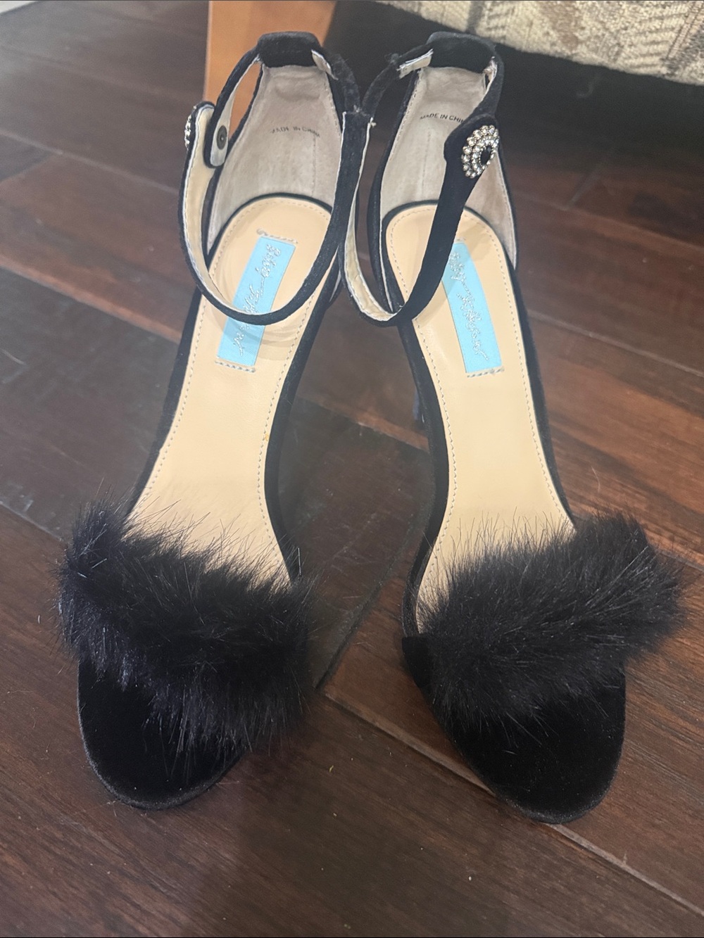 👠 Betsey Johnson Black Faux Fur Ankle-Strap Heels with Rhinestone Buckle